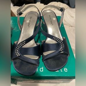 David Tate sling back navy satin heels